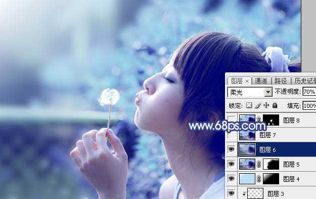 ‘Photoshop为外景美女图片打造出唯美的粉调青蓝色‘