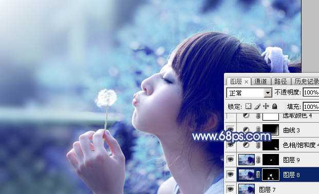 ‘Photoshop为外景美女图片打造出唯美的粉调青蓝色‘