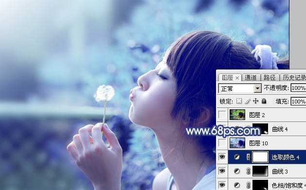 ‘Photoshop为外景美女图片打造出唯美的粉调青蓝色‘