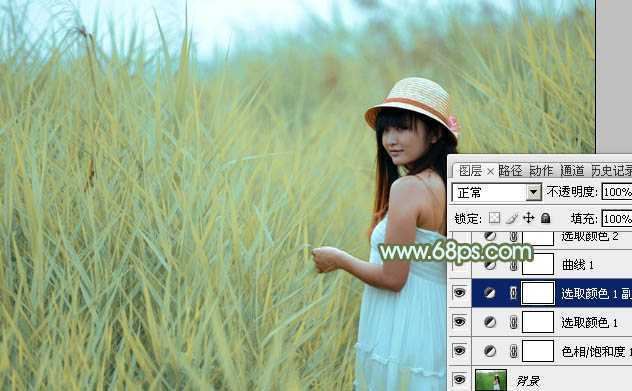‘Photoshop给芦苇中的美女加上淡美清新的青黄色‘