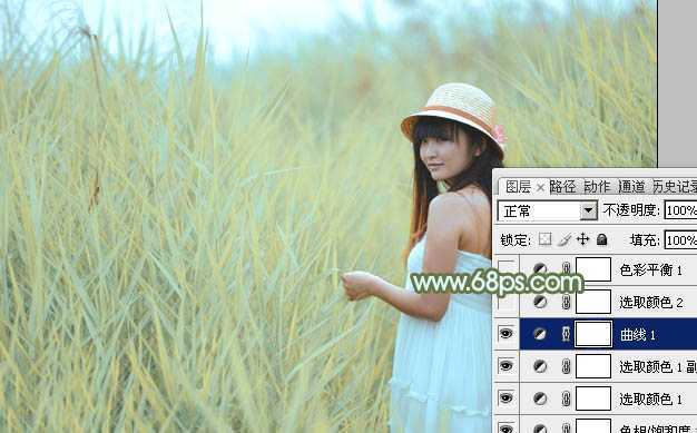 ‘Photoshop给芦苇中的美女加上淡美清新的青黄色‘