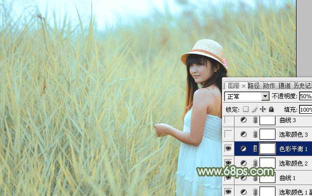 ‘Photoshop给芦苇中的美女加上淡美清新的青黄色‘