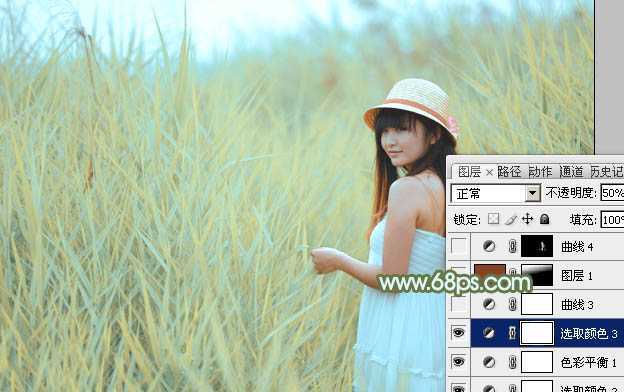 ‘Photoshop给芦苇中的美女加上淡美清新的青黄色‘