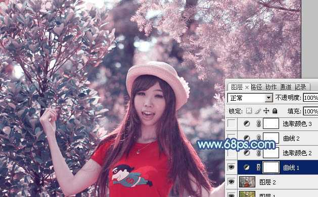‘ps利用通道替换为树林中人物调出唯美的蓝红色‘