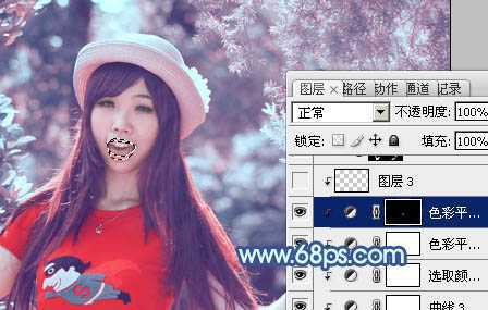 ‘ps利用通道替换为树林中人物调出唯美的蓝红色‘