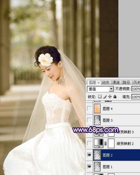 ‘Photoshop制作古典暗蓝色外景美女婚片‘