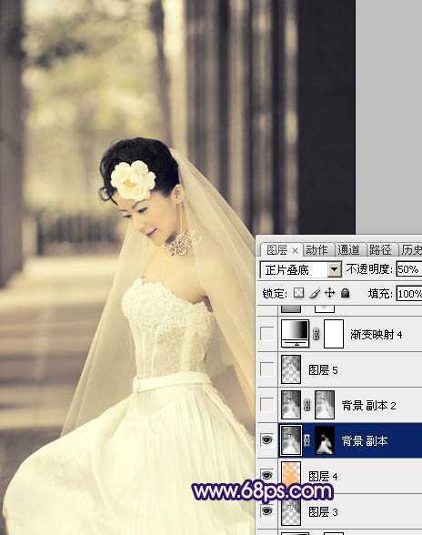 ‘Photoshop制作古典暗蓝色外景美女婚片‘