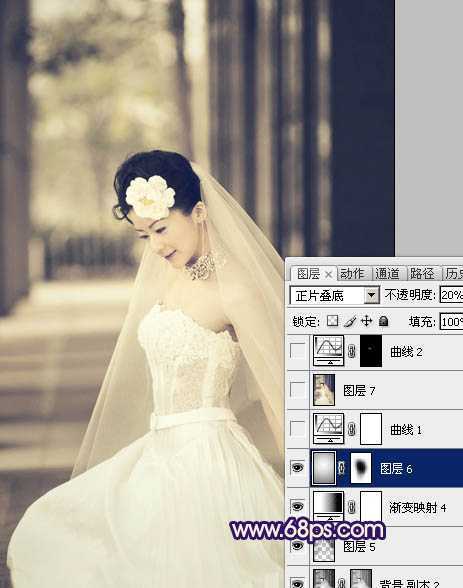 ‘Photoshop制作古典暗蓝色外景美女婚片‘