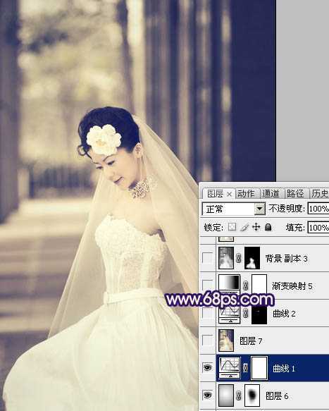 ‘Photoshop制作古典暗蓝色外景美女婚片‘