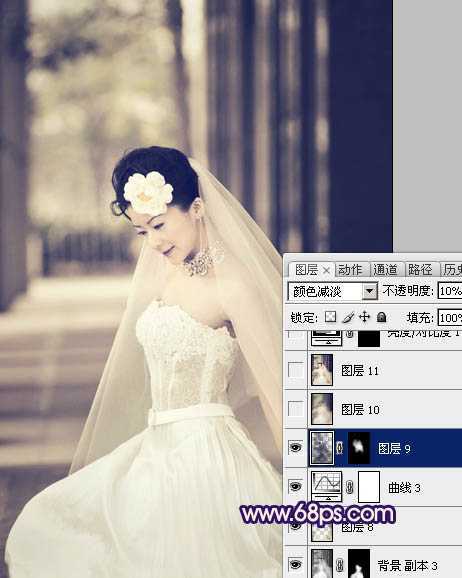 ‘Photoshop制作古典暗蓝色外景美女婚片‘