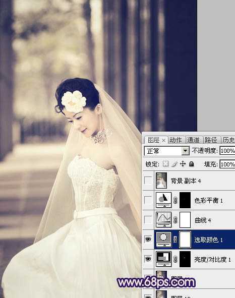 ‘Photoshop制作古典暗蓝色外景美女婚片‘