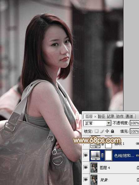 ‘Photoshop为偏暗的街景美女加上韩系淡红色‘