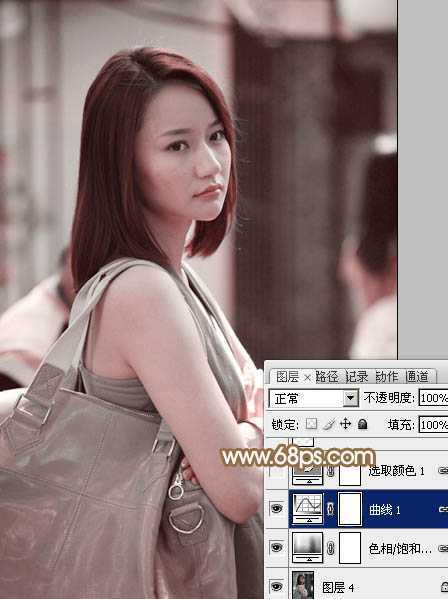 ‘Photoshop为偏暗的街景美女加上韩系淡红色‘