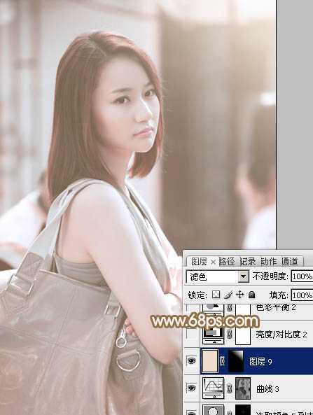 ‘Photoshop为偏暗的街景美女加上韩系淡红色‘