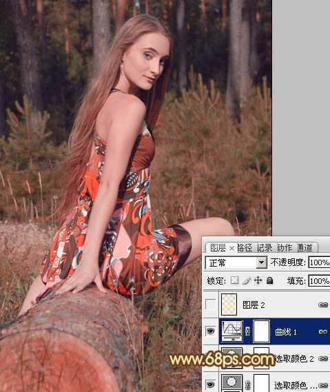 ‘Photoshop将树林美女图片调成淡淡的橙色调‘