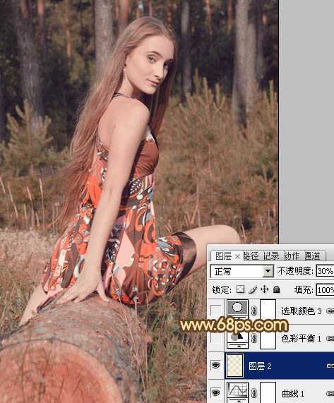 ‘Photoshop将树林美女图片调成淡淡的橙色调‘