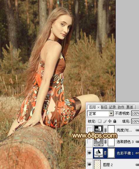 ‘Photoshop将树林美女图片调成淡淡的橙色调‘