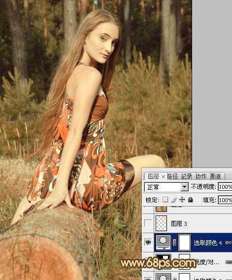 ‘Photoshop将树林美女图片调成淡淡的橙色调‘