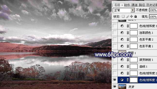 ‘Photoshop将风景图片调成暗调蓝红色‘