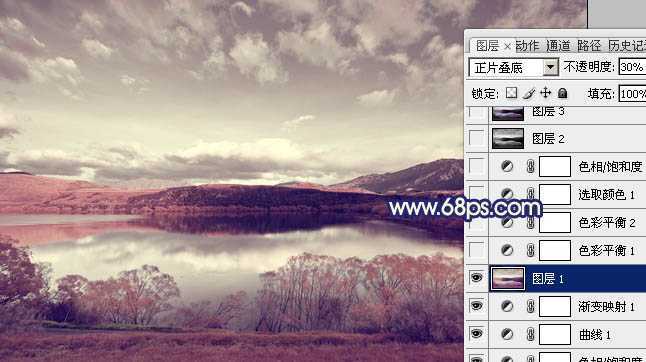 ‘Photoshop将风景图片调成暗调蓝红色‘