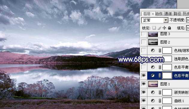 ‘Photoshop将风景图片调成暗调蓝红色‘