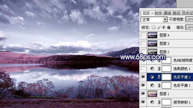 ‘Photoshop将风景图片调成暗调蓝红色‘