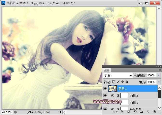 ‘Photoshop为人物图片调制出柔和的淡调黄紫色‘