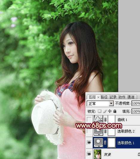 ‘Photoshop将树林美女图片调成甜美的青绿色‘
