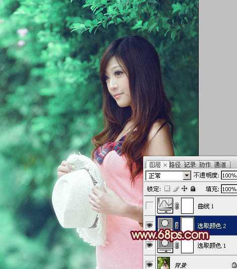 ‘Photoshop将树林美女图片调成甜美的青绿色‘