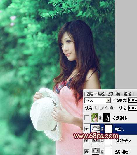 ‘Photoshop将树林美女图片调成甜美的青绿色‘