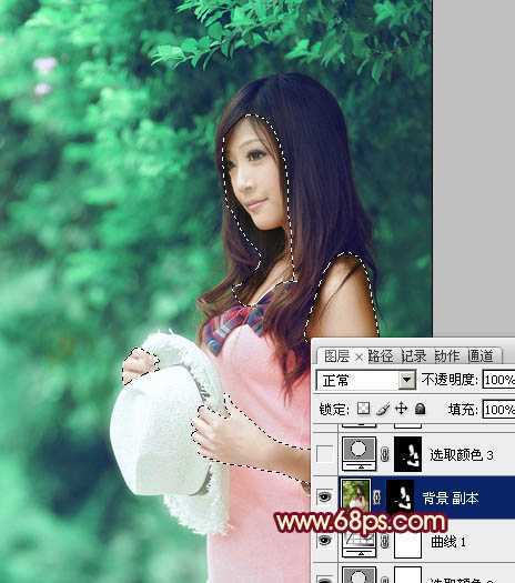 ‘Photoshop将树林美女图片调成甜美的青绿色‘