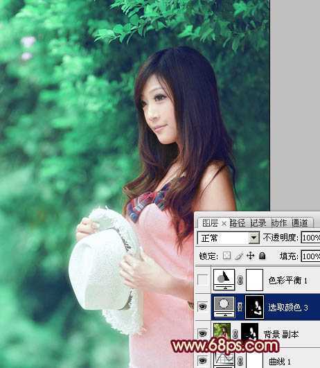 ‘Photoshop将树林美女图片调成甜美的青绿色‘