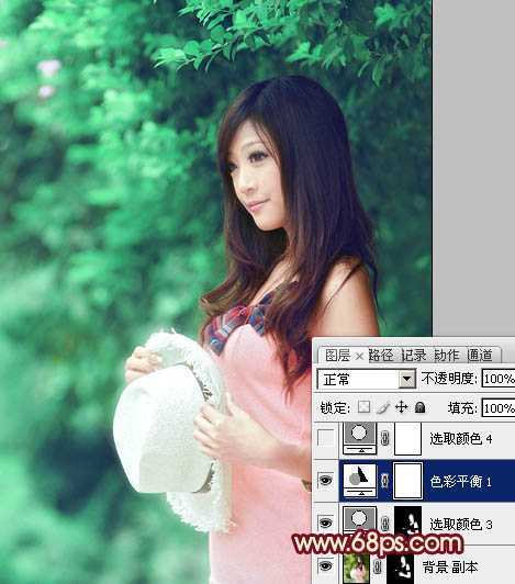 ‘Photoshop将树林美女图片调成甜美的青绿色‘