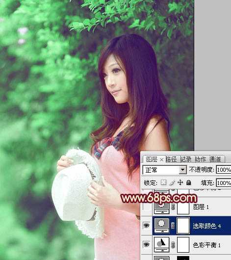 ‘Photoshop将树林美女图片调成甜美的青绿色‘