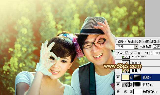‘Photoshop将外景情侣图片调制出温馨柔美的淡黄色‘