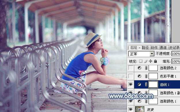‘Photoshop为停车场的美女调制小清新的青蓝色‘