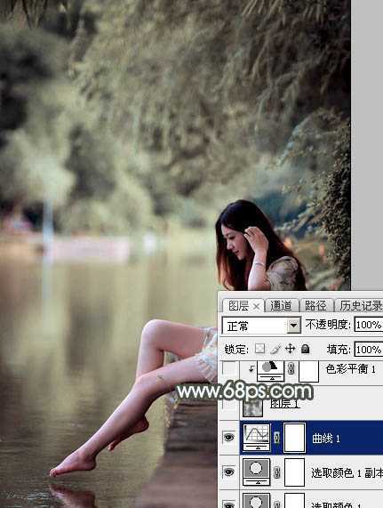 ‘Photoshop给树荫下的美女加上唯美的中性淡蓝色‘