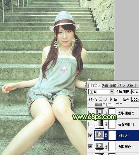 ‘Photoshop将外景人物图片调成甜美的暗绿色‘