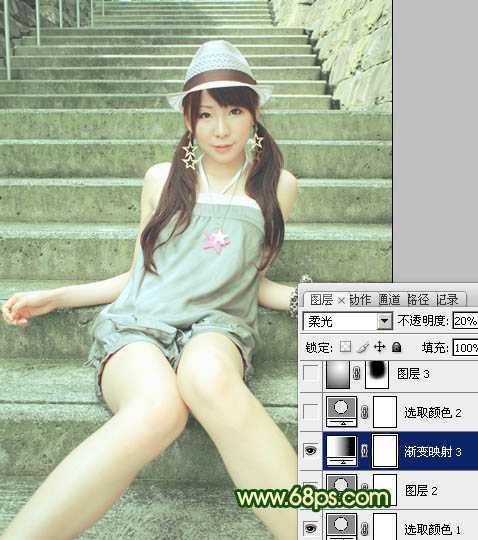 ‘Photoshop将外景人物图片调成甜美的暗绿色‘