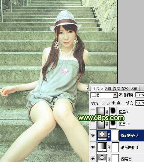 ‘Photoshop将外景人物图片调成甜美的暗绿色‘