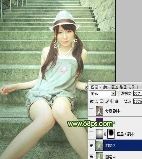 ‘Photoshop将外景人物图片调成甜美的暗绿色‘