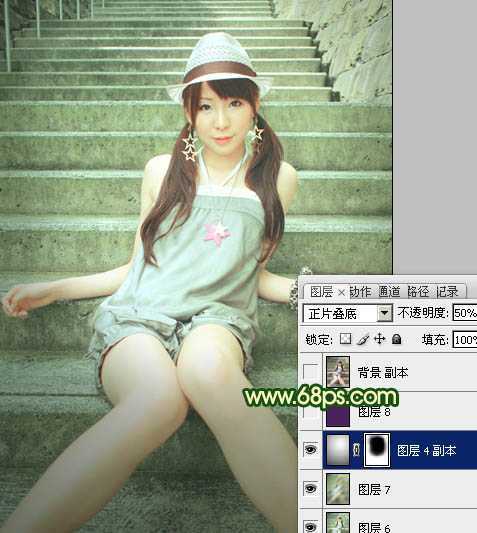 ‘Photoshop将外景人物图片调成甜美的暗绿色‘