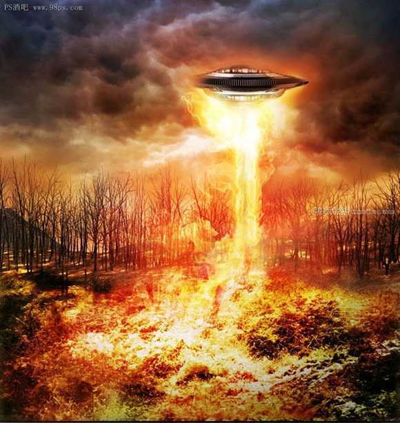 ‘Photoshop合成制作出飞碟袭击地球森林中的火焰燃烧场面海报‘