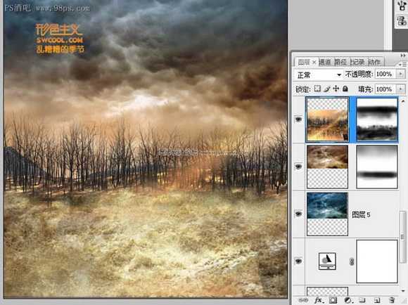 ‘Photoshop合成制作出飞碟袭击地球森林中的火焰燃烧场面海报‘