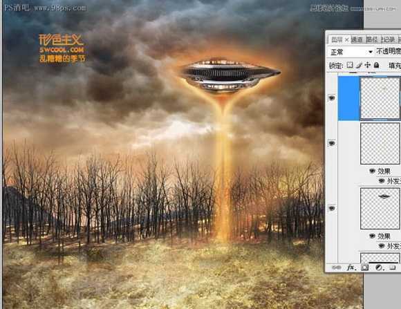 ‘Photoshop合成制作出飞碟袭击地球森林中的火焰燃烧场面海报‘