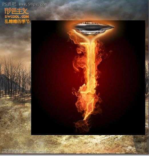 ‘Photoshop合成制作出飞碟袭击地球森林中的火焰燃烧场面海报‘