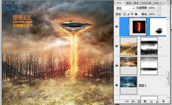 ‘Photoshop合成制作出飞碟袭击地球森林中的火焰燃烧场面海报‘