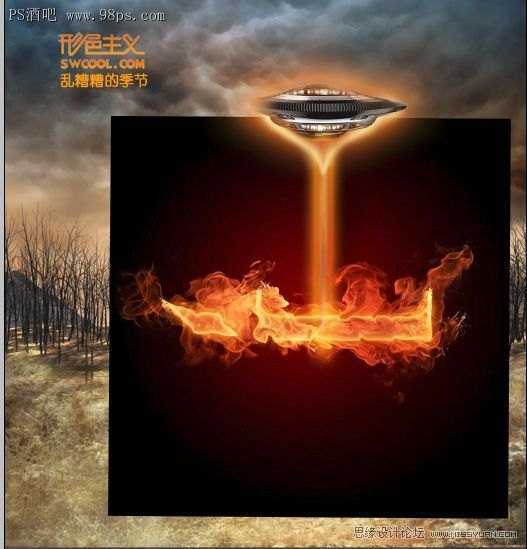 ‘Photoshop合成制作出飞碟袭击地球森林中的火焰燃烧场面海报‘