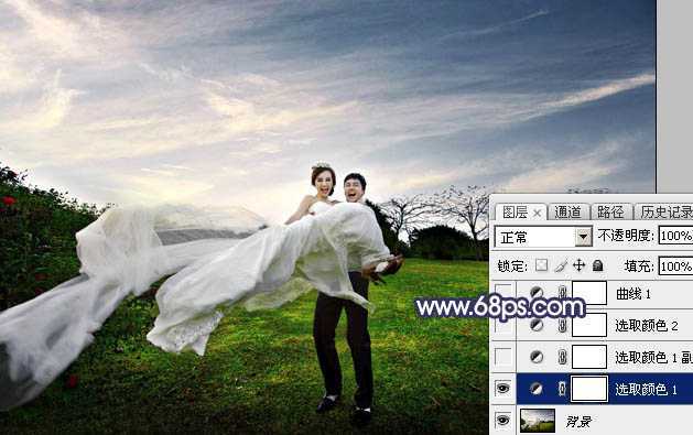 ‘Photoshop将外景婚片打造梦幻大气的秋季暗蓝色‘