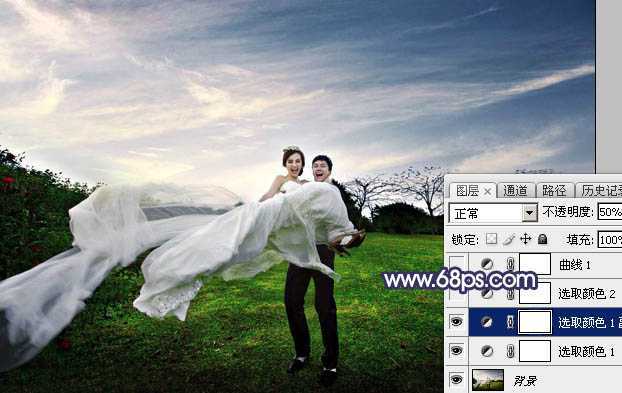 ‘Photoshop将外景婚片打造梦幻大气的秋季暗蓝色‘